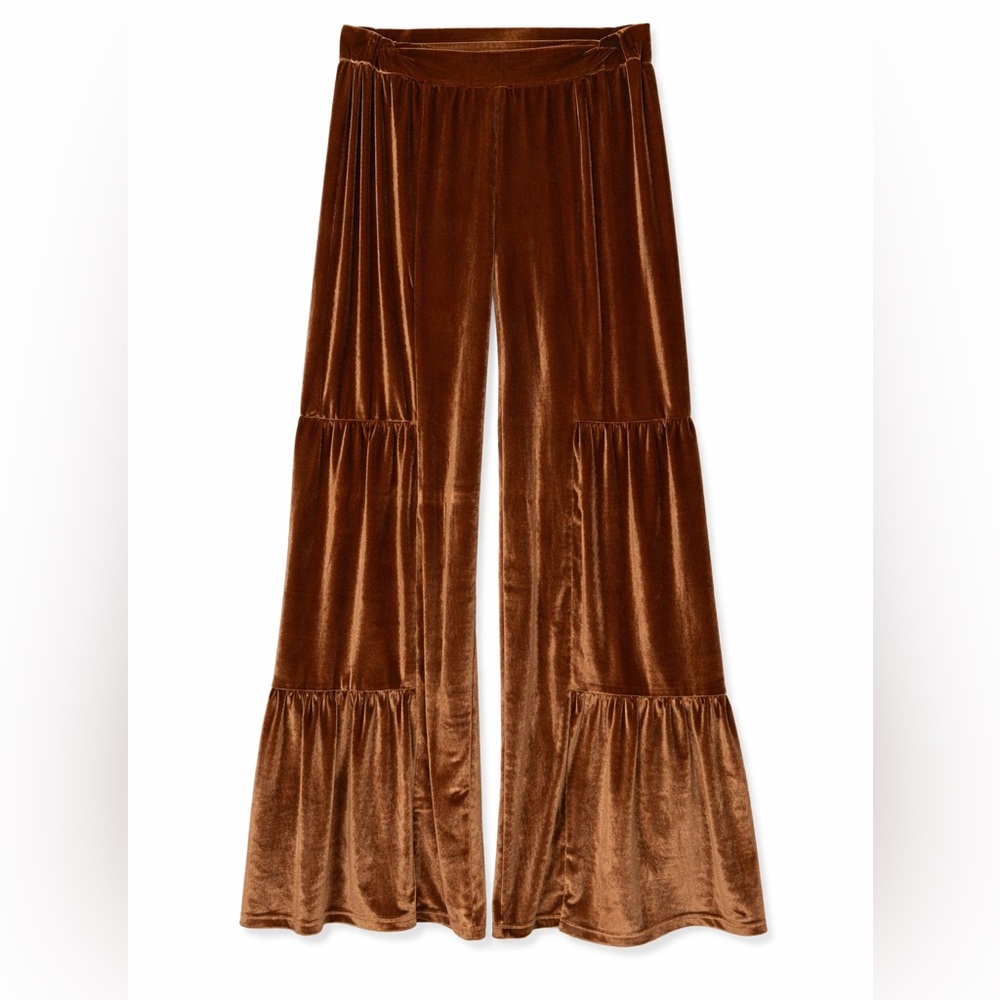 Luukse Brown Velvet Wide Leg Pants Boho Flowy Tiered Lounge‎ Chic- Medium
